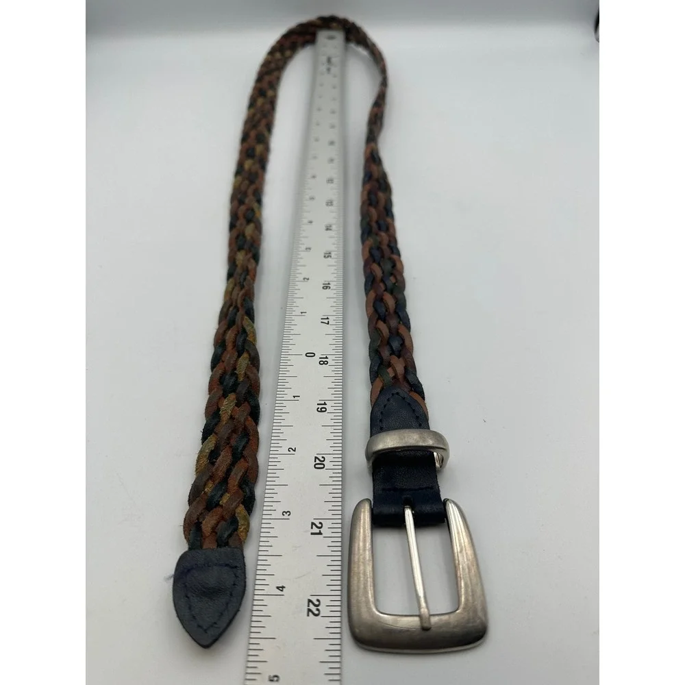 Vintage Braided Leather Belt XL Multicolor Brown Navy Western Boho Casual Silver
